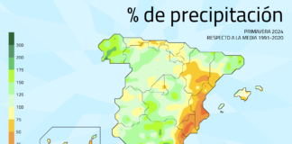Porcentaje de precipitación. Primavera 2024, respecto a la media 1991-2020