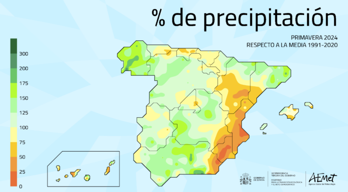 Porcentaje de precipitación. Primavera 2024, respecto a la media 1991-2020