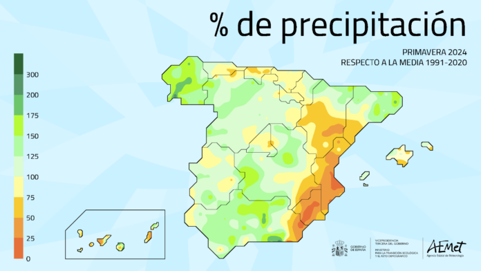 Porcentaje de precipitación. Primavera 2024, respecto a la media 1991-2020
